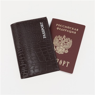 Обложка для паспорта, тиснение фольга, крокодил, цвет коричневый