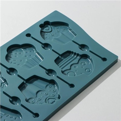 Форма силиконовая для леденцов Доляна «Капкейк», 27,5×16,5 см, 6 ячеек (6×7 см), с палочками, цвет МИКС