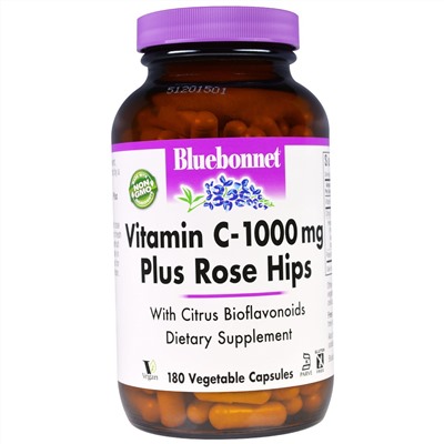 Bluebonnet Nutrition, Vitamin C - 1000 mg Plus Rose Hips, 180 Vegetable Capsules