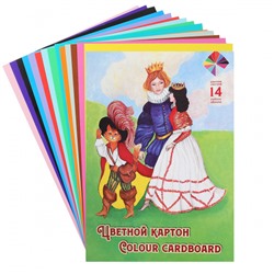 Набор цветного картона Хитрец А4, 14 листов, 14 цветов, мелованный, двусторонний, в папке