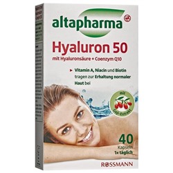 altapharma Hyaluron 50 mit Hyaluronsaure & Coenzym Q10 Гиалуроновая кислота 50 с коэнзимом Q10 и витамином А, капсулы, 40шт