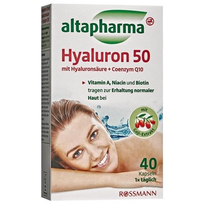 altapharma Hyaluron 50 mit Hyaluronsaure & Coenzym Q10 Гиалуроновая кислота 50 с коэнзимом Q10 и витамином А, капсулы, 40шт