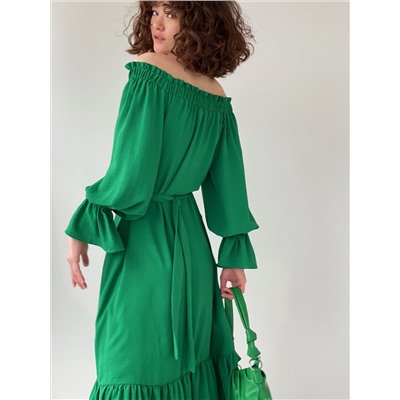 6133 Длинное платье с открытыми плечами зелёное (остаток: 42)