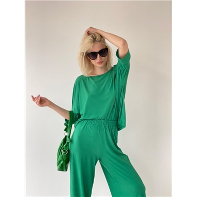 6551 Трикотажный костюм в пижамном стиле зелёный