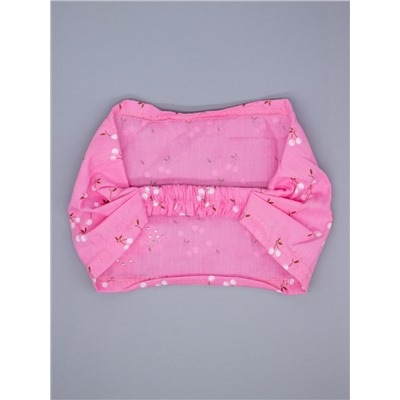 Косынка для девочки на резинке, вишенки, сбоку ажурный розовый бантик с бусинами, розовый
