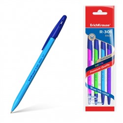 Набор шариковых ручек синих 4шт 0,7мм R-301 Neon Stick, шестигранная, рифленый держатель, цветной ко