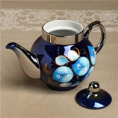 Набор «Жостово на синем», рюмка, 3 предмета, самовар 3 л, заварочный чайник 0,7 л, поднос