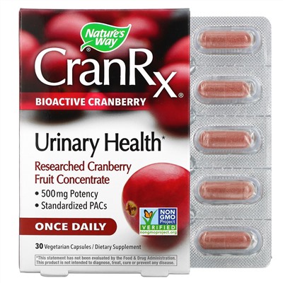 Nature's Way, CranRx, Urinary Health, биоактивная клюква, 500 мг, 30 вегетарианских капсул